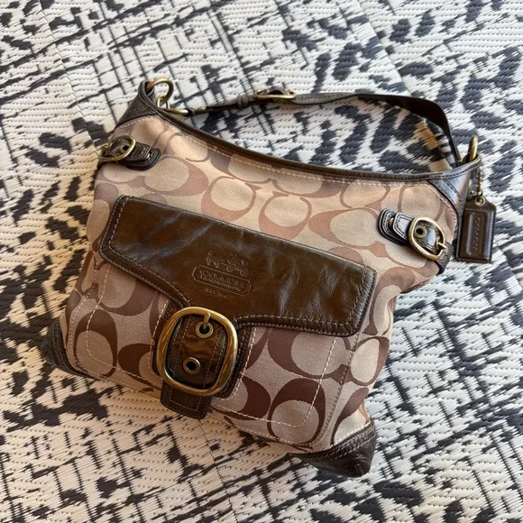 Coach Tan and Brown Signature Bleecker Hobo Shoulder Bag Large